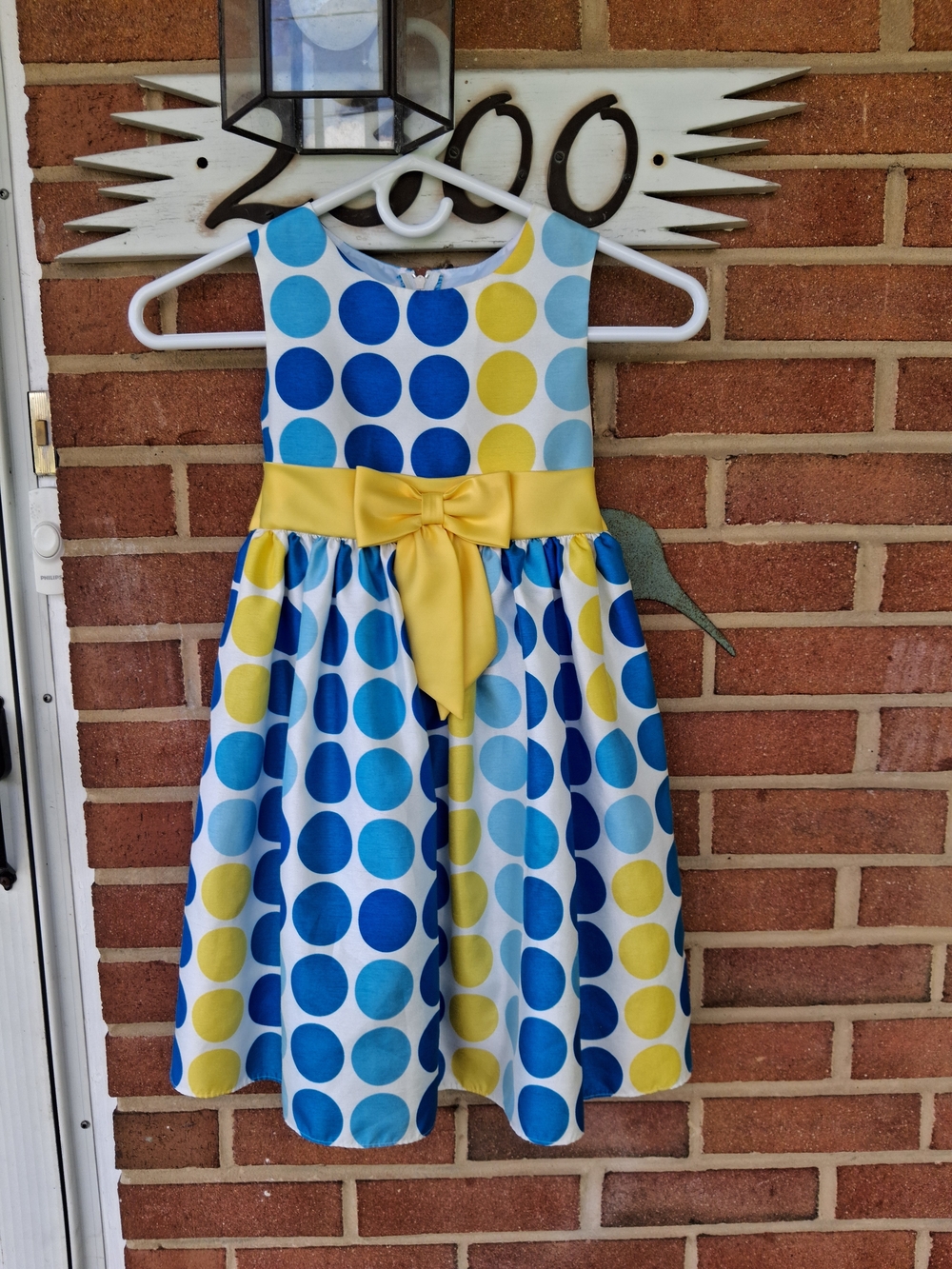 Rare, Too! Blue & Yellow Polka Dot Satin Bow Party Dress - Size 5